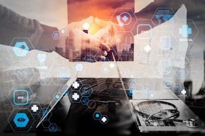 醫療保健和醫療服務概念與扁平線 Ar 接口. 聰明的醫生使用聽診器